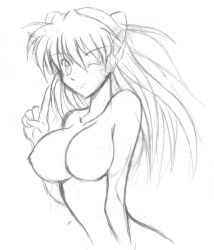 Rule 34 | 1girl, ;), alternate breast size, breasts, completely nude, greyscale, headgear, hetano yokoduki, index finger raised, large breasts, long hair, looking at viewer, monochrome, neon genesis evangelion, non-web source, nude, one eye closed, simple background, smile, solo, souryuu asuka langley, very long hair, white background