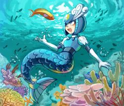 Rule 34 | 1girl, android, aqua theme, blue eyes, blush, bubble, capcom, commentary request, coral, day, elbow gloves, female focus, fins, fish, fish tail, full body, gloves, helmet, mega man (classic), mega man (series), mega man 9, mermaid, monster girl, open mouth, skycompass, solo, splash woman, tail, teeth, tongue, underwater