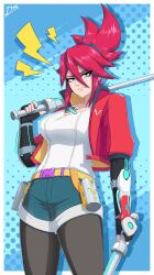 1girl blue_eyes blue_nails breasts closed_mouth diskette0 gloves hi-fi_rush highres holding holding_weapon jacket korsica_(hi-fi_rush) over_shoulder pantyhose ponytail red_hair red_jacket shirt shorts solo spiked_hair watermark weapon weapon_over_shoulder white_shirt