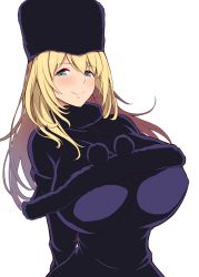 Rule 34 | 1girl, arms behind back, atago (kancolle), blonde hair, blue eyes, breasts, closed mouth, cosplay, dress, fur hat, fur trim, ginga tetsudou 999, hat, highres, huge breasts, kantai collection, kloah, looking at viewer, maetel, maetel (cosplay), simple background, smile, solo, upper body, white background