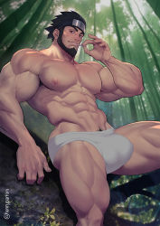 Rule 34 | 1boy, abs, bamboo, bamboo forest, bara, beard, biceps, black hair, bulge, cigarette, day, facial hair, feet out of frame, forest, hairy, headband, henry partum, large pectorals, looking at viewer, male focus, male underwear, manly, mature male, muscular, muscular male, naruto, naruto (series), nature, navel, navel hair, nipples, outdoors, pectorals, sarutobi asuma, short hair, sky, smoking, solo, spiked hair, thick arms, thick eyebrows, thick thighs, thighs, underwear, veins, veiny arms