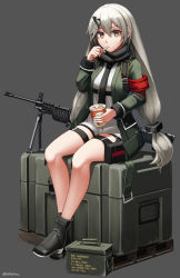Rule 34 | 1girl, absurdres, black footwear, black necktie, black scarf, black shorts, boots, breasts, brown eyes, commentary request, fingernails, full body, girls&#039; frontline, green jacket, grey background, gun, h&amp;k mg4, haagen-dazs, hair between eyes, hair ornament, hairclip, highres, holding, holding spoon, jacket, light machine gun, long hair, long sleeves, looking at viewer, machine gun, mg4 (girls&#039; frontline), name connection, ndtwofives, necktie, object namesake, open clothes, open jacket, scarf, shirt, short shorts, shorts, silver hair, simple background, sitting, small breasts, solo, spoon, twitter username, utensil in mouth, very long hair, weapon, white shirt