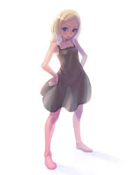 Rule 34 | 1girl, blonde hair, full body, hand on own hip, lingerie, parted bangs, see-through, simple background, solo, standing, underwear, weno, white background
