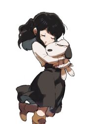 Rule 34 | 1girl, annoyed, artist self-insert, beagle, black hair, blush, boots, brown footwear, closed eyes, dog, highres, jeto (jetopyon), long hair, long sleeves, open mouth, original, simple background, sketch, smile, snoopy, white background