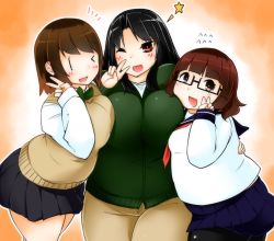 Rule 34 | &gt; o, 3girls, :d, ;d, black hair, breasts, brown eyes, brown hair, fat, flying sweatdrops, girl sandwich, glasses, jacket, large breasts, long hair, looking at viewer, miniskirt, multiple girls, one eye closed, open mouth, original, pants, pantyhose, plump, red eyes, sandwiched, school uniform, serafuku, short hair, skirt, small breasts, smile, star (symbol), sweater vest, thick thighs, thighs, v, zuisawa, | |