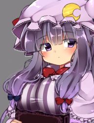 Rule 34 | 1girl, bad id, bad twitter id, blue ribbon, blush, book, breasts, capelet, crescent, crescent hair ornament, dress, female focus, grey background, hair ornament, hair ribbon, hat, large breasts, looking away, mob cap, patchouli knowledge, purple eyes, purple hair, red ribbon, ribbon, simple background, solo, striped clothes, striped dress, touhou, ururu1998