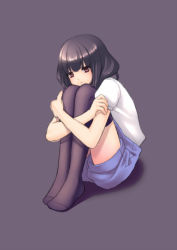 Rule 34 | 1girl, bad id, bad pixiv id, black hair, black thighhighs, face, feet, highres, hugging own legs, nana mikoto, no shoes, original, purple background, red eyes, shorts, solo, thighhighs