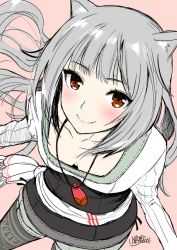Rule 34 | 1girl, animal ears, blush, breasts, closed mouth, dated, fang, fang out, floating hair, fox ears, from above, grey hair, jewelry, kojima saya, long hair, looking at viewer, myuri (spice and wolf), necklace, pink background, red eyes, signature, simple background, small breasts, smile, solo, spice and wolf, standing