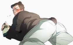 Rule 34 | 1boy, animal ears, ass, ass focus, bara, blush, bottle, chris redfield, drunk, facial hair, gge, looking at viewer, lying, male focus, muscular, resident evil, resident evil 6, solo, stubble, tail