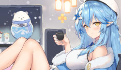 Rule 34 | 1girl, beret, blue hair, blue nails, blush, breasts, closed mouth, cup, fingernails, hair ornament, half updo, haoni, hat, holding, holding cup, hololive, legs, long hair, looking at viewer, medium breasts, nail polish, pointy ears, solo, television, virtual youtuber, white hat, yellow eyes, yukihana lamy