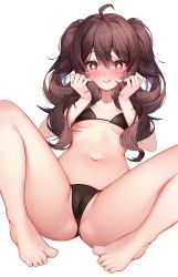 Rule 34 | 1girl, :q, ahoge, barefoot, bikini, blush, breasts, brown bikini, brown hair, cameltoe, closed mouth, flower-shaped pupils, genshin impact, hair between eyes, highres, holding, holding hair, hu tao (genshin impact), long hair, looking at viewer, navel, pinki o64, red eyes, simple background, small breasts, smile, solo, stomach, string bikini, swimsuit, symbol-shaped pupils, tongue, tongue out, twintails, white background