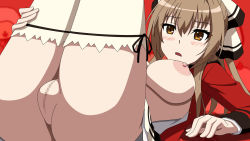 Rule 34 | 10s, 1girl, amagi brilliant park, ass, blush, breasts, brown hair, censored, female focus, hair ribbon, highres, large breasts, legs, legs up, long hair, looking down, lying, mosaic censoring, nipples, no bra, no panties, open clothes, open mouth, pussy, ribbon, sento isuzu, simple background, skirt, solo, thighs, white legwear, yellow eyes