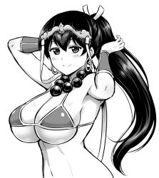 Rule 34 | 1girl, bead necklace, beads, bikini, bikini top only, black hair, blush, breasts, cleavage, earrings, fate (series), greyscale, hair between eyes, jewelry, kanno takanori, large breasts, long hair, looking at viewer, monochrome, necklace, prayer beads, smile, solo, swimsuit, white background, xuangzang sanzang (fate)