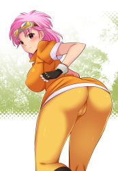 Rule 34 | 1girl, ass, ass focus, blush, breasts, brown eyes, butt crack, cameltoe, cleft of venus, closed mouth, dragon quest, dragon quest dai no daibouken, dress, embarrassed, fingerless gloves, frown, gabao (mattari 2019), gloves, goggles, goggles on head, large breasts, looking at viewer, maam, pantyhose, pink hair, red eyes, scowl, scowling, short hair, simple background, skirt, solo, thick thighs, thighs, tree, v-shaped eyebrows