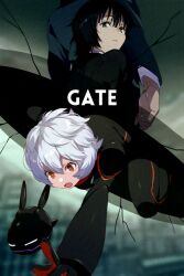 Rule 34 | 1girl, 2boys, amatori rinji, arms at sides, black bodysuit, black hair, black jacket, blue jacket, blurry, blurry background, bodysuit, climbing, commentary request, crack, creature, echo (circa), english text, freckles, from below, hatohara mirai, head out of frame, jacket, kuga yuuma, long sleeves, looking at viewer, looking back, looking down, midair, multiple boys, ninomiya squad&#039;s uniform, open mouth, outstretched arm, parted lips, portal (object), reaching, red eyes, replica, white hair, world trigger
