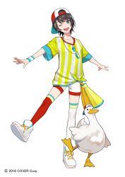 Rule 34 | 1girl, ;d, asymmetrical legwear, backwards hat, baseball cap, bird, black hair, blue eyes, breasts, commentary, cross-laced footwear, duck, full body, hat, highres, hololive, lam (ramdayo), looking at viewer, megaphone, mismatched legwear, official art, one eye closed, oozora subaru, oozora subaru (1st costume), open mouth, outstretched arms, red thighhighs, shirt, shoes, short hair, short shorts, shorts, simple background, small breasts, smile, sneakers, solo, standing, standing on one leg, stopwatch, stopwatch around neck, striped clothes, striped shirt, subaru duck, sweatband, swept bangs, thighhighs, tied shirt, vertical-striped clothes, vertical-striped shirt, virtual youtuber, watch, watermark, whistle, whistle around neck, white background, white footwear, white shorts, white thighhighs, yellow shirt, zettai ryouiki