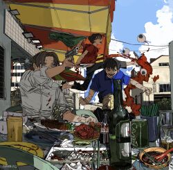 Rule 34 | 1girl, 3boys, :d, awning, black hair, black pants, blood, blue shirt, blue sky, building, can, chopsticks, cup, day, eyeball, fish (food), flying kick, food, glass bottle, gomibaketsu3, gun, handgun, highres, holding, holding gun, holding weapon, horns, kicking, meat, monster, multiple boys, open mouth, original, pants, parted bangs, plate, pointing gun, pointing weapon, red shirt, restaurant, rope, shirt, signature, sky, sleeves rolled up, smile, strangling, weapon, white shirt