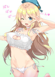 Rule 34 | 10s, 1girl, ;d, armpits, atago (kancolle), bell, neck bell, beret, blonde hair, blue eyes, blush, bra, breasts, cat cutout, cat ear panties, cat lingerie, choker, cleavage, cleavage cutout, clothing cutout, gintarou (kurousagi108), hat, jingle bell, kantai collection, large breasts, long hair, looking at viewer, meme attire, navel, one eye closed, open mouth, pan-pa-ka-paaan!, panties, side-tie panties, smile, solo, underwear, underwear only, v, v over eye, white bra, white panties