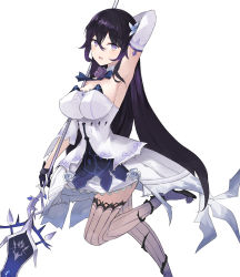 Rule 34 | 1girl, absurdres, alternate eye color, alternate hair color, ara haan, arm behind head, arm up, armpits, bare shoulders, black gloves, black hair, breasts, celite, commission, detached collar, detached sleeves, dress, elsword, flower, gloves, gradient clothes, highres, holding, holding polearm, holding weapon, large breasts, leg up, long hair, looking at viewer, open mouth, polearm, purple eyes, rose, simple background, solo, spear, strapless, strapless dress, thighhighs, very long hair, weapon, white background, white dress, white thighhighs, zettai ryouiki