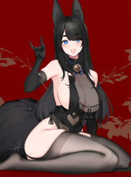 Rule 34 | 1girl, animal ears, bare shoulders, bell, black-haired fox girl (hayabusa), black dress, black gloves, black hair, black thighhighs, blue eyes, blush, breast curtains, breasts, cleavage, commentary, dress, elbow gloves, fox ears, fox girl, fox shadow puppet, fox tail, full body, gloves, hand up, hayabusa (vert 320), highres, kneeling, large breasts, long hair, looking at viewer, mole, mole on breast, mole under eye, neck bell, open mouth, original, pelvic curtain, red background, sideboob, sitting, smile, solo, symbol-only commentary, tail, thick eyebrows, thighhighs, thighs, underbust