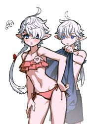 Rule 34 | 1boy, 1girl, :|, ahoge, alisaie leveilleur, alphinaud leveilleur, alternate costume, bare arms, bare shoulders, bikini, black male swimwear, black swim trunks, blue eyes, blush, braid, braided ponytail, brother and sister, closed mouth, collarbone, contrapposto, cowboy shot, earclip, earrings, elezen, elf, empty eyes, final fantasy, final fantasy xiv, frilled bikini, frills, hair ribbon, hand on own hip, hand on own thigh, highres, holding, holding towel, jewelry, looking at viewer, male swimwear, midriff, navel, open mouth, pink bikini, pointy ears, porxie (ff14), ribbon, siblings, side-tie bikini bottom, simple background, single braid, single earring, standing, swept bangs, swim trunks, swimsuit, towel, twins, unamused, white background, white hair, wuliu heihuo