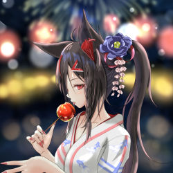 Rule 34 | 1girl, animal ear fluff, animal ears, black hair, blurry, blurry background, blush, braid, breasts, candy, candy apple, commentary request, flower, food, fox ears, fox girl, franziska norma, hair between eyes, hair flower, hair ornament, hairclip, holding, holding candy, holding food, hololive, japanese clothes, kimono, kurokami fubuki, long hair, looking at viewer, looking to the side, nail polish, ponytail, red eyes, red hair, red nails, sidelocks, single braid, small breasts, solo, tongue, tongue out, virtual youtuber, white kimono, yukata