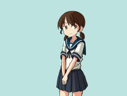 Rule 34 | 1girl, blue background, blue neckerchief, blue sailor collar, blue skirt, brown eyes, brown hair, collared shirt, commentary, english commentary, kantai collection, low twintails, neckerchief, one-hour drawing challenge, parted bangs, pleated skirt, sailor collar, school uniform, serafuku, shirayuki (kancolle), shirt, short hair, short twintails, simple background, sixten, skirt, smile, solo, swept bangs, twintails