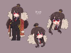 Rule 34 | 1girl, black gloves, black jacket, black pants, blush, brown hair, closed mouth, coat, coat on shoulders, dragon print, fang, gloves, gold trim, grey background, hair bun, jacket, kawaii inu5, library of ruina, long hair, looking to the side, multiple views, necktie, open mouth, pants, project moon, red coat, red eyes, red necktie, simple background, tie clip, very long hair, xiao (project moon)