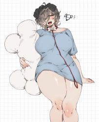 Rule 34 | 1girl, abstract background, ahoge, animal ears, arm support, between breasts, blue shirt, blush, bone, bottomless, breasts, collar, commentary, covered erect nipples, covered navel, fangs, feet out of frame, grid background, hair over one eye, head tilt, highres, holding, holding pillow, leash, looking at viewer, messy hair, muroku (aimichiyo0526), name tag, no nose, no pants, open mouth, pillow, shiny skin, shirt, short sleeves, simple background, solo, squinting, thick eyebrows, thick thighs, thighs, white background