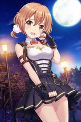Rule 34 | 1girl, absurdres, alternative girls, bow, breasts, brown eyes, brown hair, choker, cleavage, fingerless gloves, full moon, gloves, highres, looking at viewer, momoi hina, moon, night, night sky, official art, open mouth, outdoors, skirt, sky, sleeveless, solo, star (sky), starry sky, tears, tree
