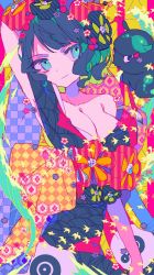 Rule 34 | 1girl, aqua eyes, arm up, black hair, breasts, busujima (kusahana), cleavage, colorful, fate/grand order, fate (series), flower, hair ornament, highres, japanese clothes, katsushika hokusai (fate), kimono, looking at viewer, medium breasts, multicolored clothes, multicolored kimono, octopus, print kimono, short hair, single bare shoulder, tokitarou (fate), unmoving pattern, upper body