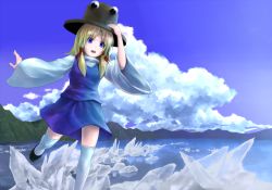 Rule 34 | 1girl, bad id, bad pixiv id, blonde hair, blue eyes, cloud, day, eno (whiskeyne), hair ornament, hand on headwear, hat, holding, holding clothes, holding hat, ice, lake, long hair, moriya suwako, open mouth, outstretched arm, running, shirt, skirt, sky, smile, solo, thighhighs, touhou, water, white thighhighs, wide sleeves, zettai ryouiki