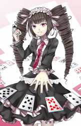 Rule 34 | 10s, 1girl, ace (playing card), ace of hearts, ace of spades, bad id, bad pixiv id, black hair, bonnet, card, celestia ludenberg, danganronpa: trigger happy havoc, danganronpa (series), drill hair, foxbird, gothic lolita, gradient background, heart, highres, joker (playing card), lolita fashion, long hair, necktie, playing card, red eyes, smile, solo, spade (shape), star-shaped pupils, star (symbol), symbol-shaped pupils, twin drills, twintails