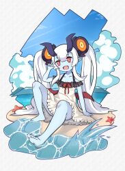 Rule 34 | 1girl, absurdres, arum (world flipper), beach, blush, bright pupils, cloud, collarbone, demon wings, dress, fang, highres, horns, long hair, mwm5, open mouth, pointy ears, red eyes, red ribbon, red wings, ribbon, shore, sitting, solo, starfish, twintails, v, very long hair, white background, white dress, white hair, white pupils, wings, world flipper
