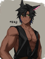 Rule 34 | 1boy, abs, arms at sides, warrior of light (ff14), bad id, bad pixiv id, black hair, cat boy, closed mouth, clothing request, commentary request, dark-skinned male, dark skin, facial scar, final fantasy, final fantasy xiv, green eyes, grey background, hair between eyes, light smile, looking at viewer, male focus, miqo&#039;te, mn (zig r14), pectorals, scar, scar on cheek, scar on face, short hair, sketch, solo, split mouth, toned, toned male, upper body, v-shaped eyebrows