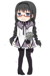 Rule 34 | 10s, 1girl, akemi homura, black hair, blush, boots, bow, bowtie, braid, chibi, frilled skirt, frills, full body, gem, glasses, hairband, high heels, injury, long sleeves, looking at viewer, mahou shoujo madoka magica, mahou shoujo madoka magica (anime), nose blush, pantyhose, pleated skirt, purple eyes, red-framed eyewear, sad, sailor collar, shoes, simple background, skirt, solo, standing, tears, thigh boots, thighhighs, tsuduya (knt31), twin braids, wavy mouth, white background