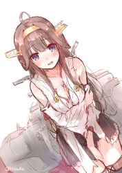 Rule 34 | 10s, 1girl, :d, ahoge, blush, breasts, brown hair, cleavage, covering privates, covering crotch, cowboy shot, detached sleeves, dutch angle, headgear, hiten (hitenkei), holding own arm, kantai collection, kongou (kancolle), long hair, looking at viewer, machinery, nontraditional miko, open mouth, purple eyes, sketch, skirt, smile, solo, thighhighs, torn clothes, twitter username, white background, zettai ryouiki