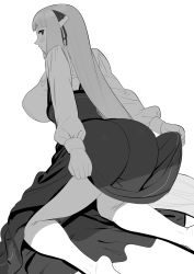 Rule 34 | 1girl, ass, barefoot, bent over, blunt bangs, blush, breasts, clothes lift, dress, dress lift, feet, from behind, greyscale, highres, huge ass, kneeling, large breasts, long hair, long sleeves, looking at viewer, looking back, momoko (shoutao), monochrome, original, shoutao, solo, squatting, thighs, very long hair, white background