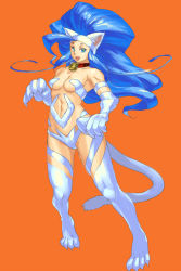 Rule 34 | 1girl, :d, animal ears, animal feet, animal hands, bare shoulders, bell, big hair, blue eyes, blue hair, blue pupils, body fur, breasts, capcom, cat ears, cat girl, cat paws, cat tail, collar, fang, felicia (vampire), full body, jingle bell, long hair, looking at viewer, medium breasts, midriff, neck bell, open mouth, orange background, red collar, simple background, smile, solo, standing, tail, vampire (game), yuccoshi