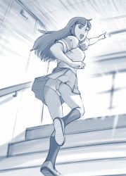 Rule 34 | 1girl, ass, breasts, commentary request, female focus, from below, greyscale, indoors, large breasts, long hair, monochrome, open mouth, original, panties, pantyshot, pleated skirt, pointing, pointing forward, school uniform, shirt, short sleeves, skirt, smile, solo, stairs, thighs, ueyama michirou, underwear, upskirt
