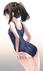 Rule 34 | 1girl, absurdres, adjusting clothes, adjusting swimsuit, blue one-piece swimsuit, blush, bow, breasts, brown hair, chiune (yachi), hair bow, hair ornament, highres, looking at viewer, looking back, medium hair, one-piece swimsuit, original, ponytail, purple eyes, school swimsuit, simple background, small breasts, solo, swimsuit, wet, wet clothes, wet swimsuit