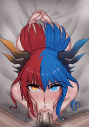 Rule 34 | 1boy, 1girl, :&gt;=, absurdres, ass, bed, bed sheet, blue eyes, blue hair, blue horns, blush, bright pupils, commission, completely nude, dragon girl, dragon horns, drooling, excessive saliva, eyes visible through hair, feet, fellatio, hair between eyes, hair in own mouth, hetero, heterochromia, highres, horns, inferna dragnis (xoldrek), kneeling, lips, long hair, looking at another, looking at viewer, male pubic hair, monster girl, multicolored hair, nude, open mouth, oral, orange eyes, orange horns, original, pale skin, penis, pubic hair, red hair, rikka (artist), saliva, saliva trail, shiny skin, soles, split-color hair, sweat, symbol-shaped pupils, toes, two-tone hair, uncensored, white pupils