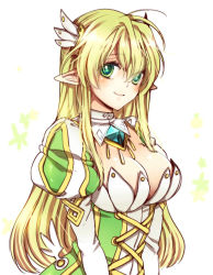 Rule 34 | 1girl, bad id, bad pixiv id, blonde hair, breasts, corset, detached collar, elsword, grand archer (elsword), green eyes, large breasts, limble, long hair, pointy ears, puffy sleeves, rena erindel, smile, solo, white background