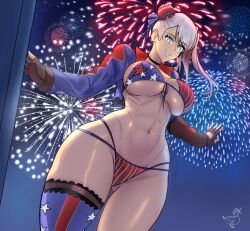 1girl 4th_of_july abs absurdres american_flag american_flag_bikini american_flag_legwear american_flag_print asymmetrical_legwear bikini blue_eyes breasts fate/grand_order fate_(series) fireworks flag_print gloves hair_between_eyes hair_bun hair_ornament highres huge_breasts looking_at_viewer miyamoto_musashi_(fate) miyamoto_musashi_(fate/grand_order) miyamoto_musashi_(swimsuit_berserker)_(fate) miyamoto_musashi_(swimsuit_berserker)_(second_ascension)_(fate) muscular muscular_female oldmanjenkins print_bikini swimsuit thick_thighs thighhighs thighs white_hair wide_hips