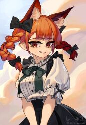 Rule 34 | 1girl, absurdres, alternate costume, animal ears, black skirt, bow, bowtie, braid, buttons, cat ears, commentary request, extra ears, green bow, green bowtie, highres, kaenbyou rin, long hair, open mouth, pointy ears, qwas69, red eyes, red hair, revision, shirt, short sleeves, skirt, smile, solo, touhou, twin braids, upper body, white shirt