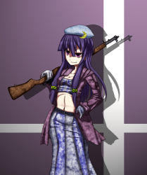 Rule 34 | 1girl, adapted costume, bad id, bad pixiv id, crescent, crescent moon, doyouwantto, female focus, gun, hand on own hip, hat, hip focus, long hair, moon, navel, patchouli knowledge, purple eyes, purple hair, rifle, solo, touhou, weapon