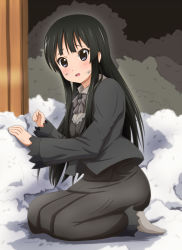 Rule 34 | 1girl, akiyama mio, black hair, blue eyes, blush, cosplay, diesel-turbo, dirty, hikasa youko, k-on!, long hair, looking at viewer, md5 mismatch, open mouth, voice actor connection, seiza, sitting, solo, takanashi izumi, takanashi izumi (cosplay), working!!