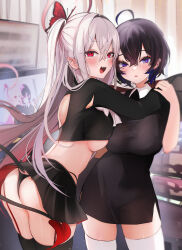 Rule 34 | 2girls, :d, absurdres, ahoge, ass, asymmetrical docking, back cutout, black dress, black hair, black panties, black skirt, black thighhighs, blue eyes, blue hair, blush, breast press, breasts, butterfly hair ornament, clothing cutout, collared shirt, colored inner hair, cowboy shot, crop top, cropped shirt, curtains, demon girl, demon tail, dress, ear piercing, earrings, from behind, hair between eyes, hair ornament, hand on another&#039;s shoulder, highleg, highleg panties, highres, holding another&#039;s wrist, indoors, jewelry, layered clothes, legs apart, long hair, long sleeves, looking at viewer, looking back, medium breasts, miniskirt, mole, mole under eye, monitor, multicolored hair, multiple girls, niku (hamuchang), one side up, open mouth, original, panties, parted lips, piercing, pleated skirt, raised eyebrows, red eyes, red skirt, shirt, short hair, side slit, sidelocks, skirt, sleeveless, sleeveless dress, smile, stud earrings, tail, teeth, textless version, thighhighs, thong, torn clothes, torn shirt, two-sided fabric, two-sided skirt, underboob, underwear, upper teeth only, white hair, white thighhighs, zettai ryouiki