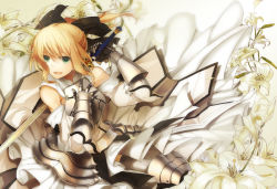 Rule 34 | 1girl, ahoge, armor, armored dress, artoria pendragon (fate), bad id, bad pixiv id, blonde hair, bow, detached sleeves, dress, fate/unlimited codes, fate (series), flower, gauntlets, green eyes, hair bow, hair ribbon, kazutake hazano, lily (flower), long hair, ponytail, ribbon, saber (fate), saber lily, solo, sword, weapon
