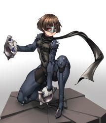 Rule 34 | 1girl, absurdres, bodysuit, braid, brass knuckles, breasts, brown hair, commission, crown braid, full body, highres, holding, holding weapon, kelvin hiu, kneeling, looking at viewer, mask, medium breasts, niijima makoto, on one knee, persona, persona 5, red eyes, scarf, short hair, shoulder spikes, solo, spiked knuckles, spikes, weapon